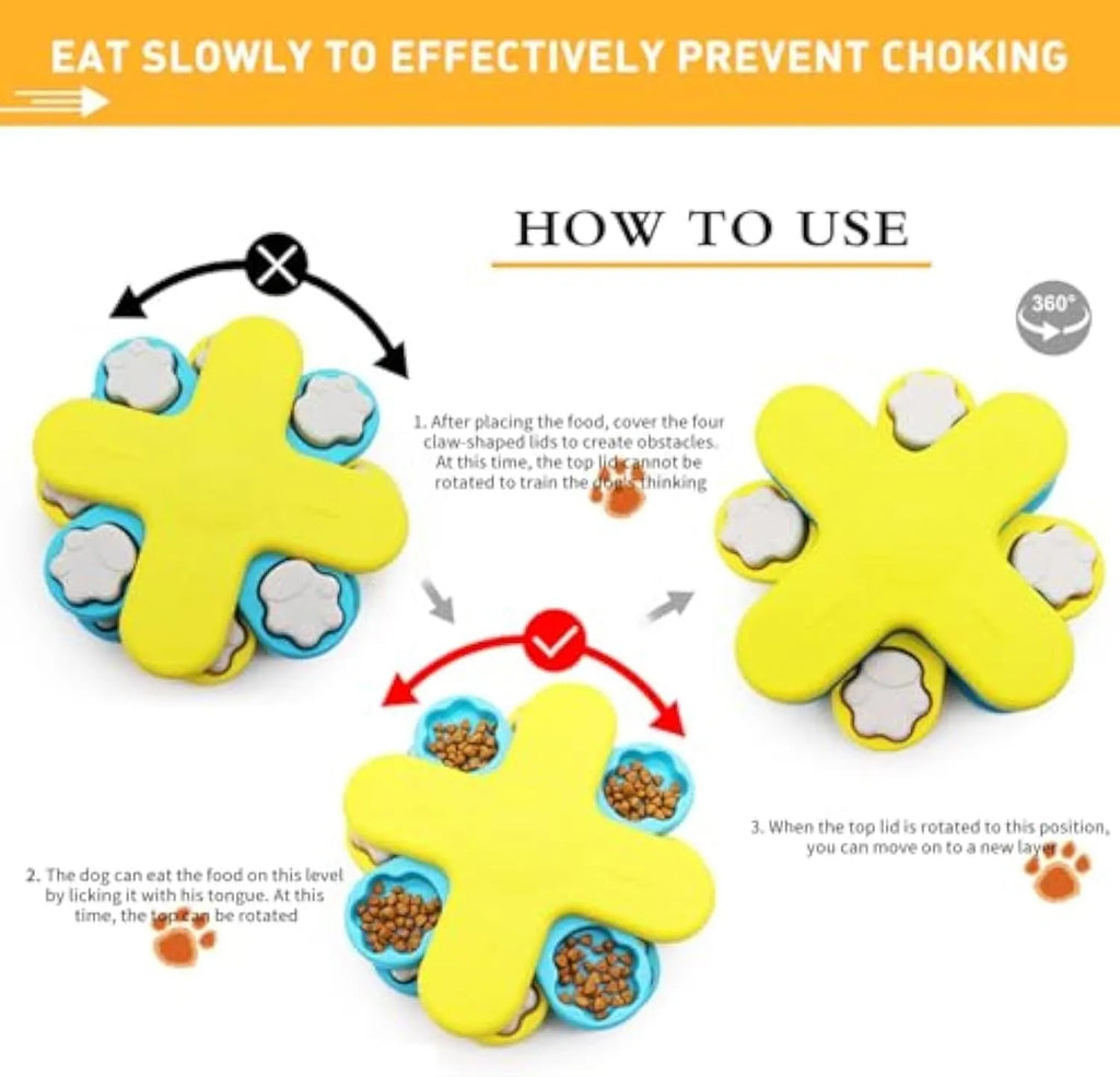 Yellow three-layer rotating dog food puzzle feeder with anti-slip rubber base