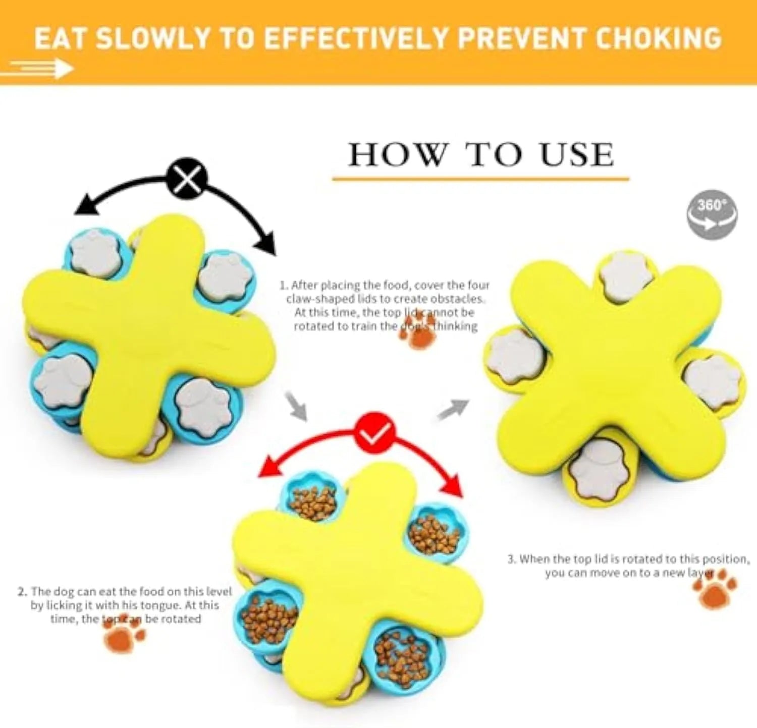 Yellow three-layer rotating dog food puzzle feeder with anti-slip rubber base