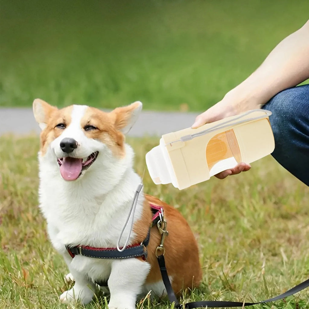 Green 2-in-1 travel dog water bottle and food container with attached lanyard, shown folded.