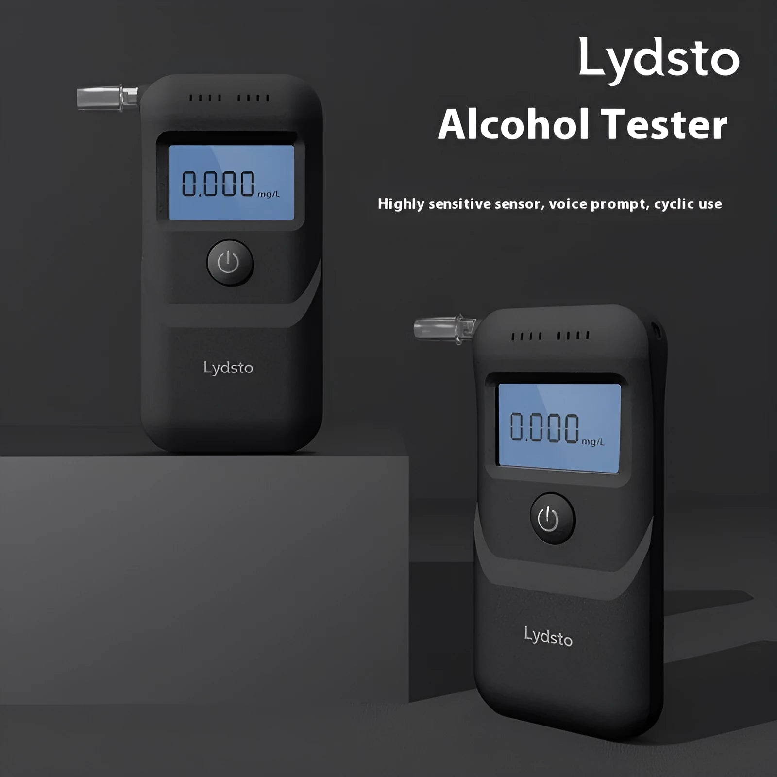 Black portable household alcohol breath tester HD-JJCSY01 on white background