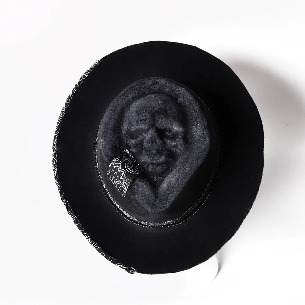 Handmade conical crown skull print hat in wool and denim fabric