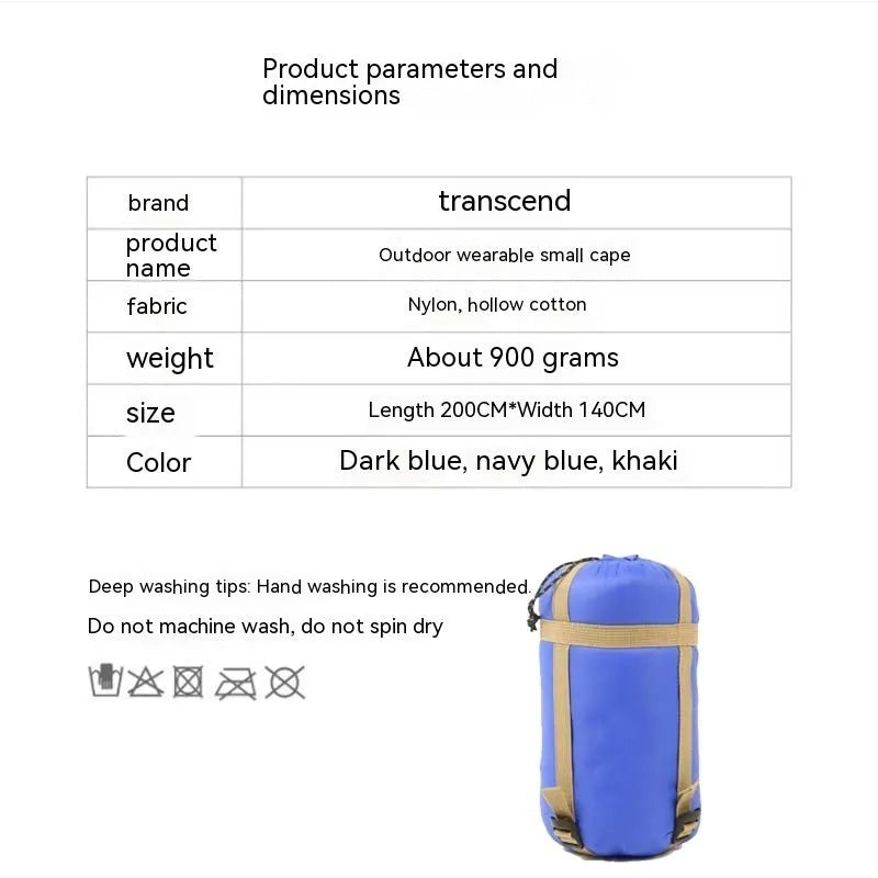 Army Green outdoor cloak sleeping bag with 200x140cm dimensions showing convertible design for camping use