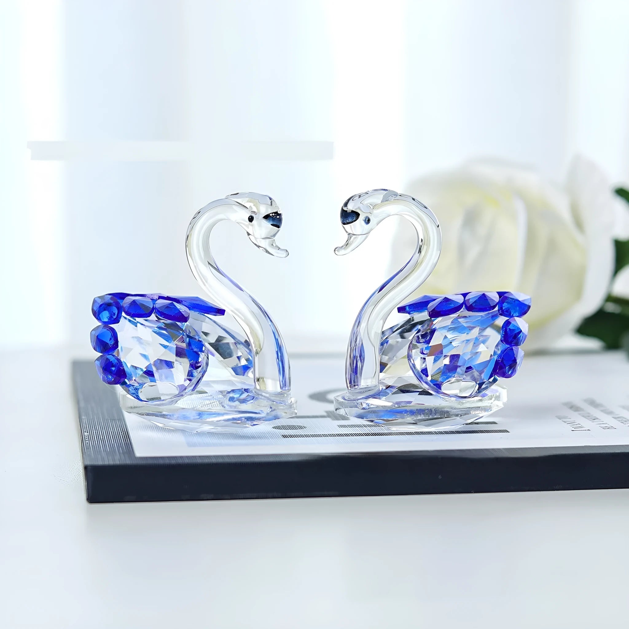 Crystal swan desktop decoration in red, blue, pink, or purple with solid head or drill-ready styles