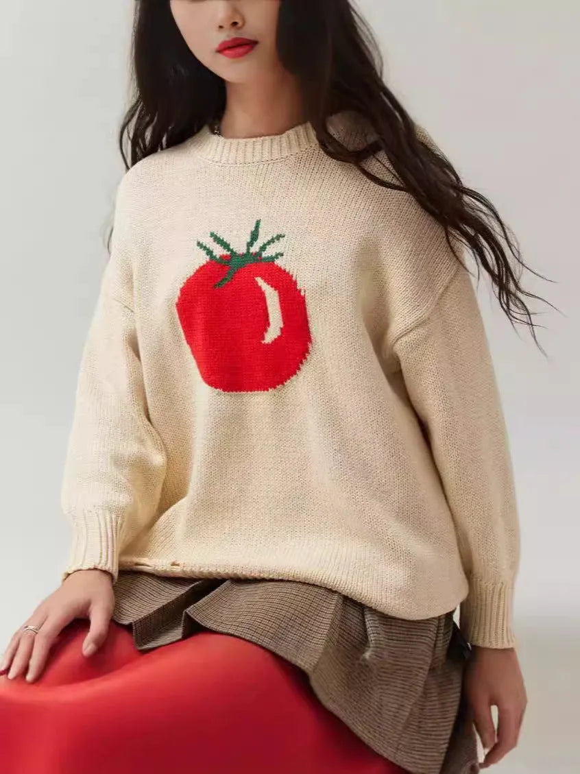 Women's Milky White acrylic Jacquard pullover sweater with a round neck and loose long sleeves.