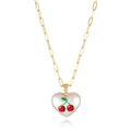 Geometric fruit pendant necklace on an adjustable chain, showing apple, cherry, pear, pineapple, and strawberry charm options.