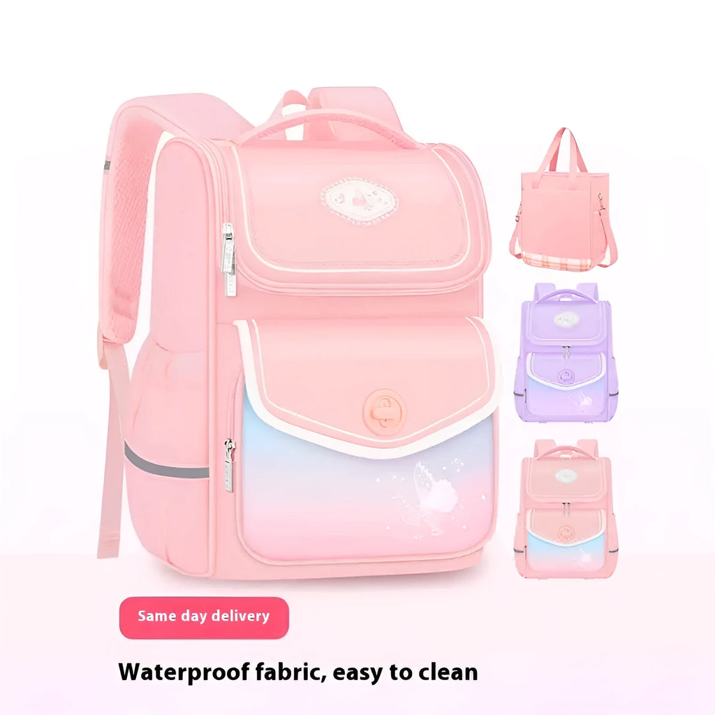 Pink waterproof Oxford cloth girls schoolbag for primary school, shown in large size variant.