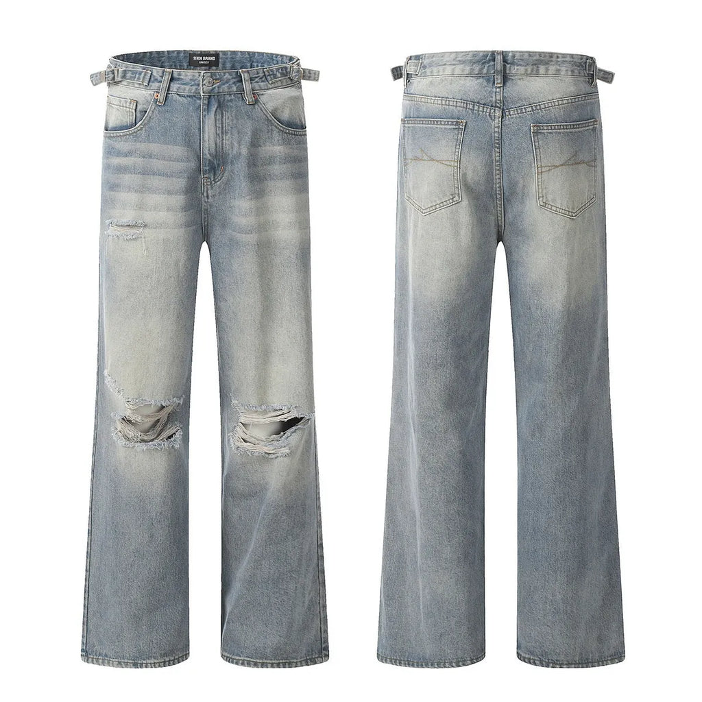 Blue men's straight-leg ripped jeans on a plain background showing cotton blend fabric and zipper fly.
