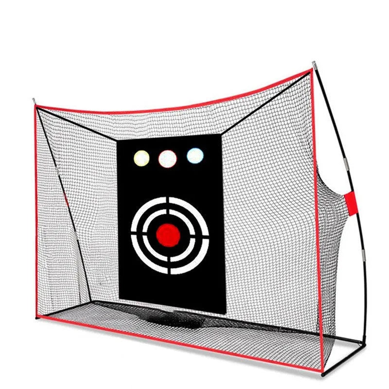 Golf swing wedge training net set with red and white practice balls on a turf mat.