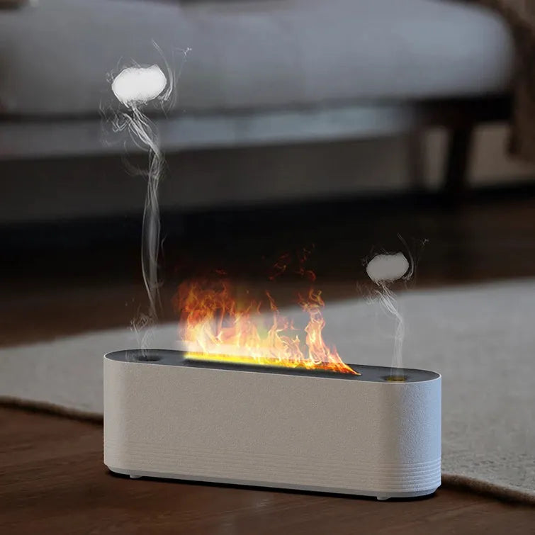 Black ultrasonic humidifier and aroma diffuser with LED flame lights emitting cool mist