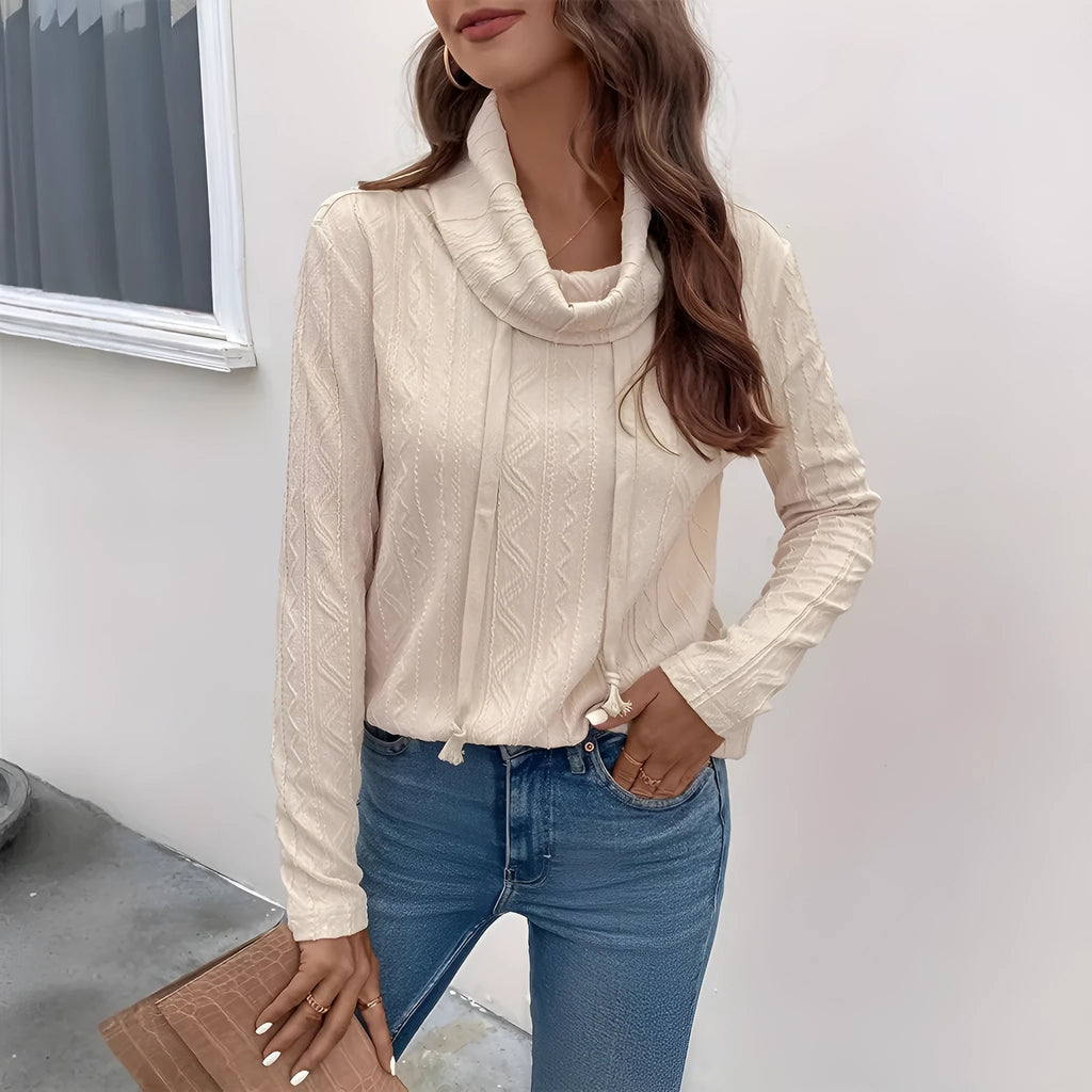 Apricot coloured long sleeve hooded pullover sweater with drawstring