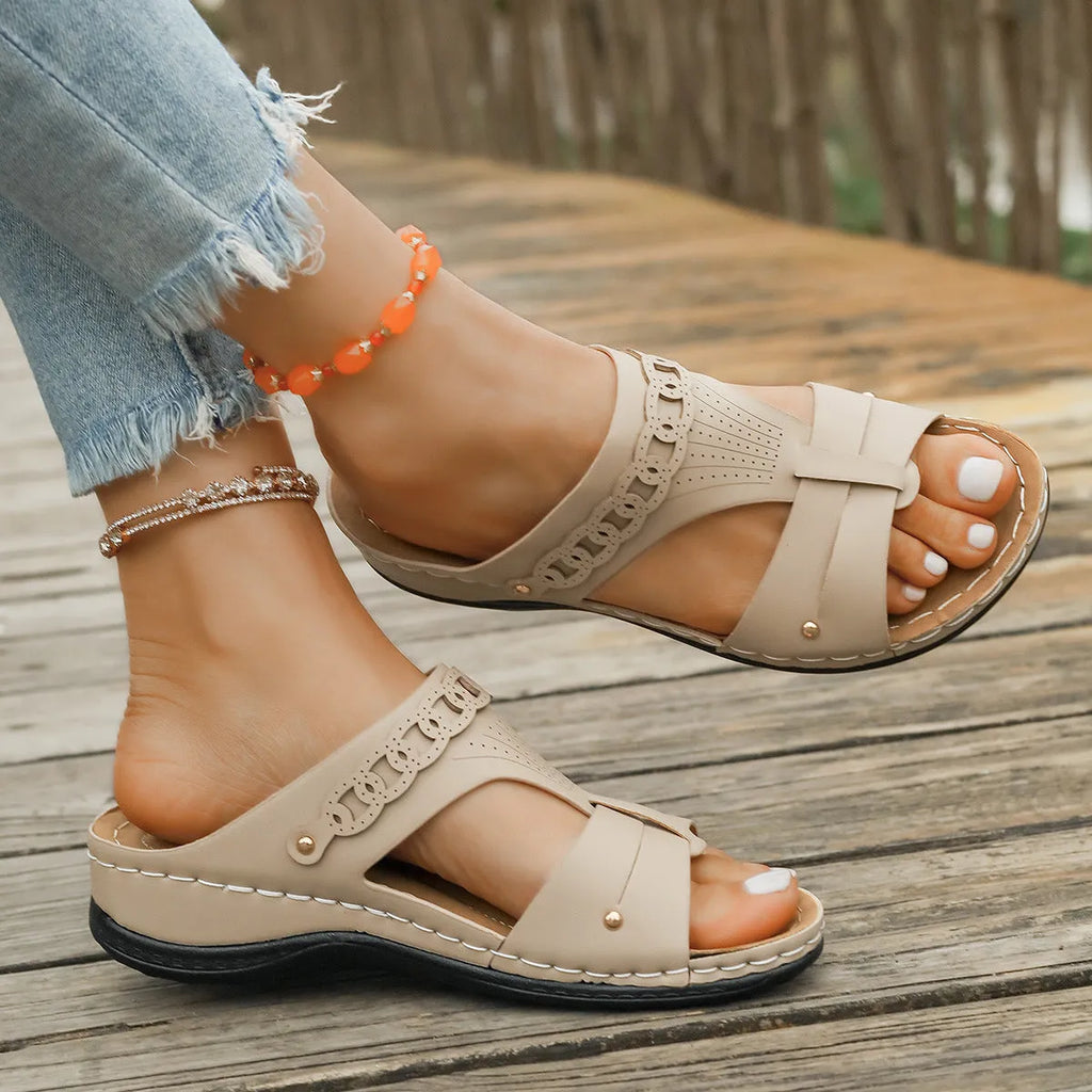 Roman style slope heel slipper with fish mouth toe in multiple colours