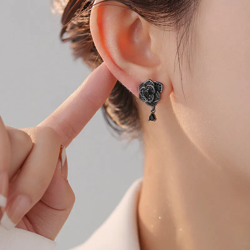 Black rose zircon stud earrings with flower design and 18K gold colour electroplated finish