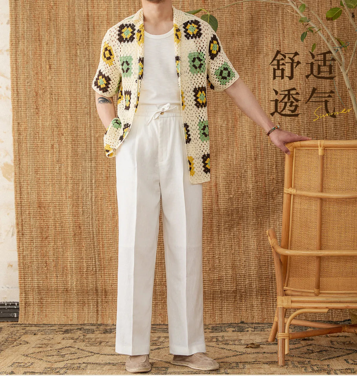 Women's linen high waist trousers with lace trim and elasticated waistband in straight-leg cut