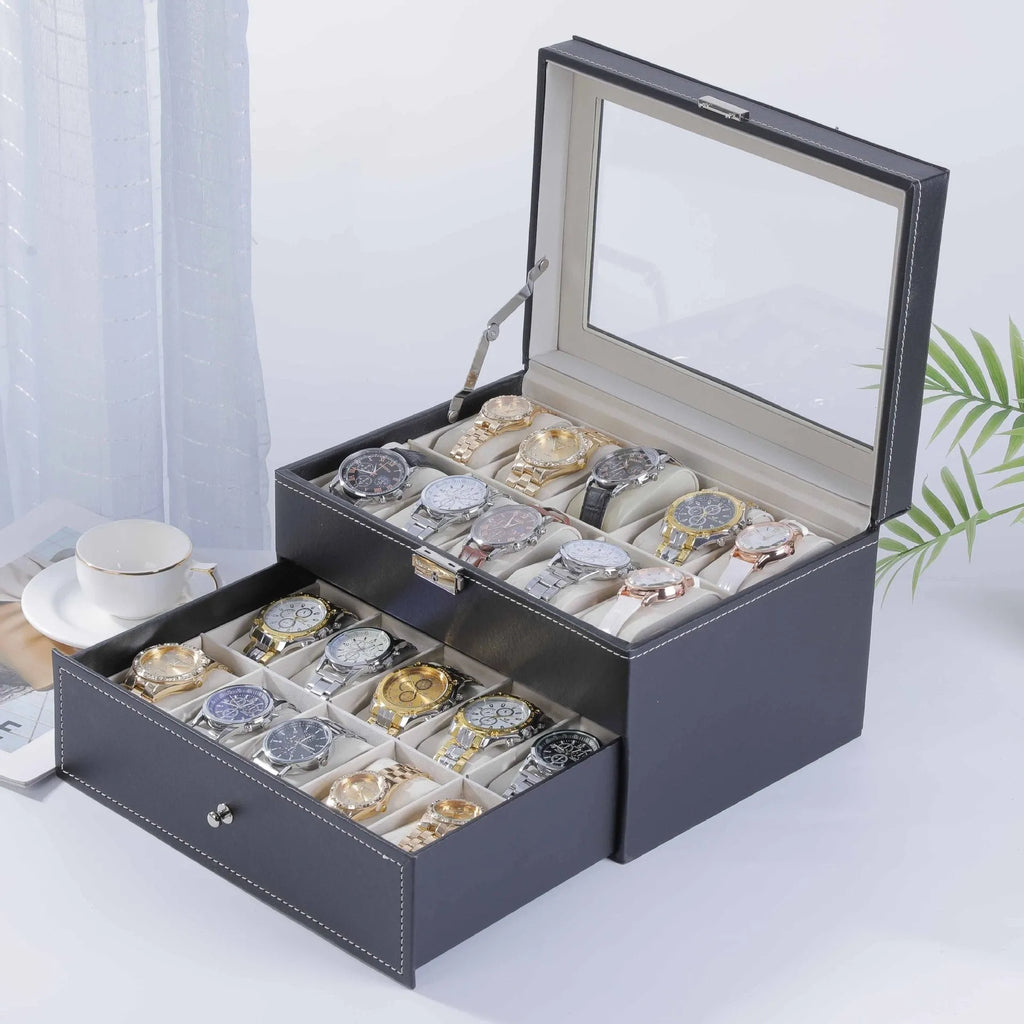 Grey high-grade leather watch storage box with transparent lid showing watch slots inside.