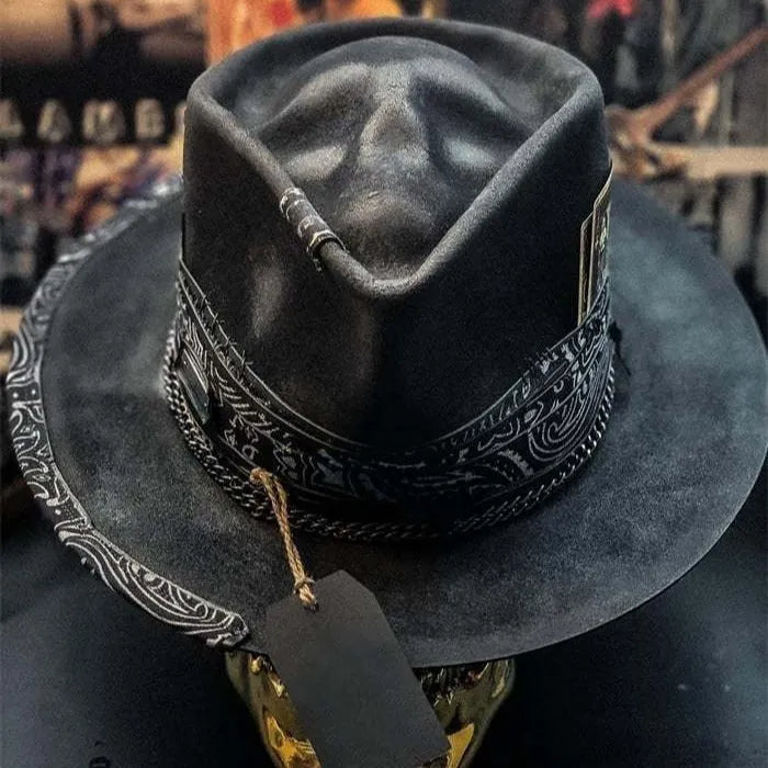 Handmade conical crown skull print hat in wool and denim fabric