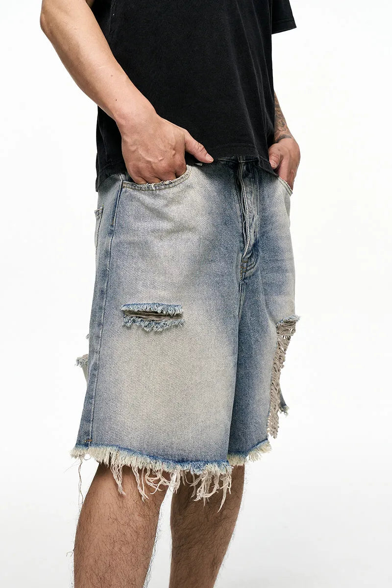 Light blue retro washed men's baggy denim shorts with wide-leg design and mid-waist fit