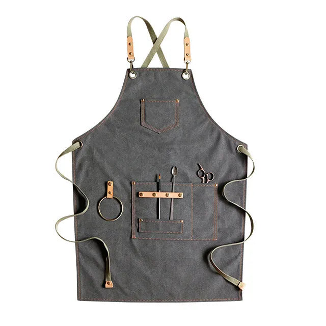Canvas apron with cross strap back design in camel colour for baking and gardening protection