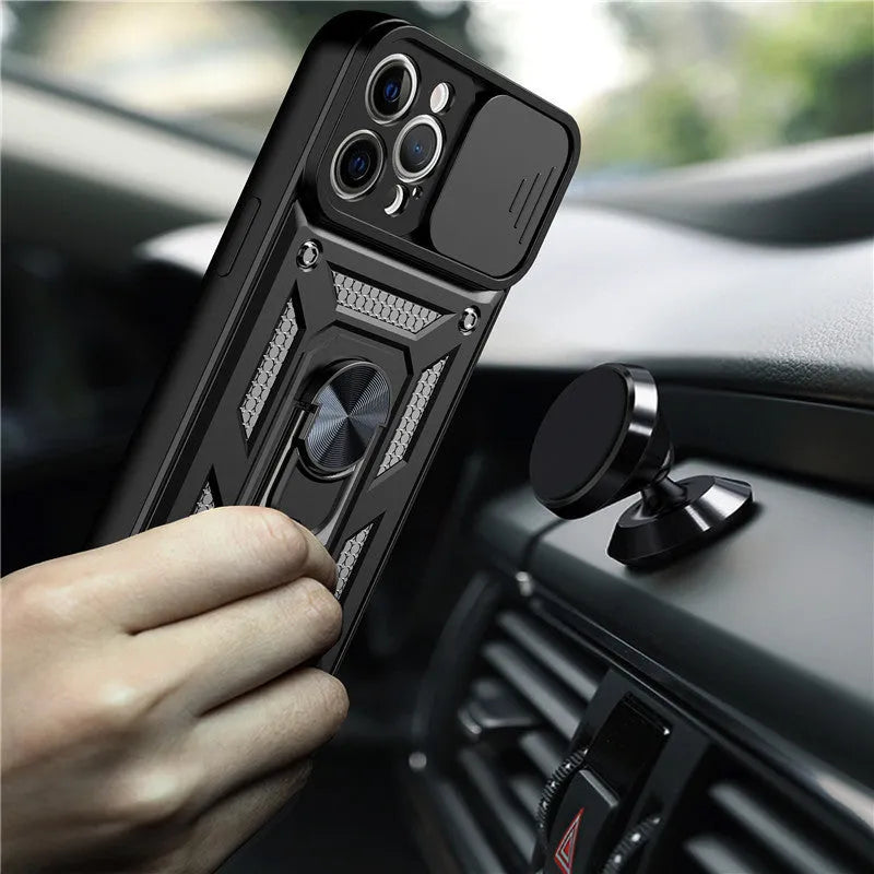 Sergeant sliding window magnetic phone case in blue, shown with bracket extended, for iPhone models.