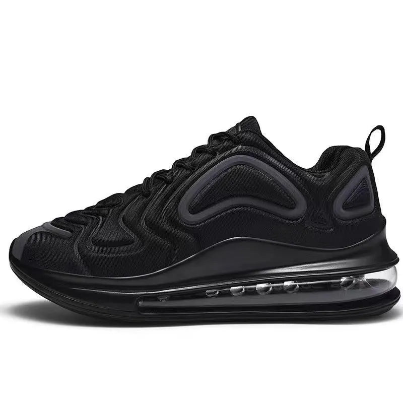 Men's black casual lace-up sneakers with thick sole and round toe design