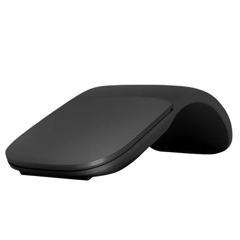Black folding Bluetooth wireless mouse showing touch scroll area and compact folded size