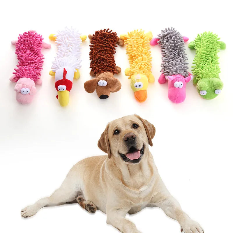 Plush horse molar dog chew toy in animal colour variations including brown dog, yellow duck, white chicken