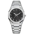 Men's business casual stainless steel quartz watch showing three colour options on wrist.
