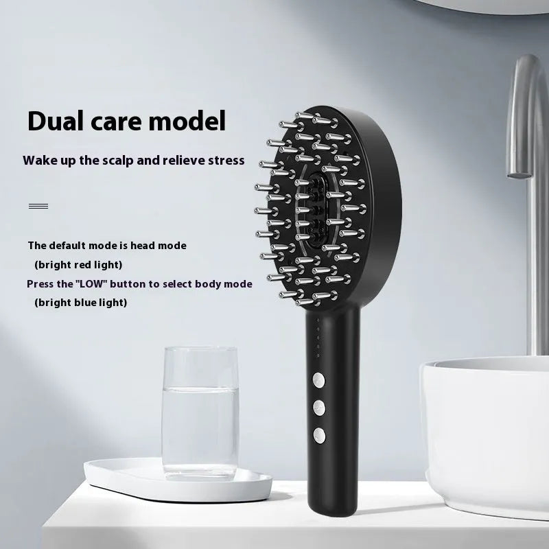 Black handheld scalp massager with LED illumination and vibration functions