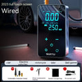 ST-9616C black wireless car tyre inflator with LCD screen and coiled air hose on a grey background