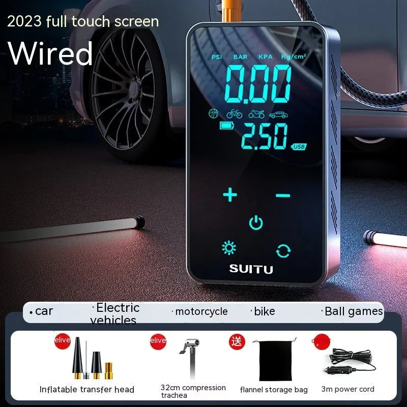 ST-9616C black wireless car tyre inflator with LCD screen and coiled air hose on a grey background