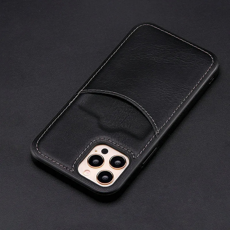 Dark blue PU leather iPhone case showing front and back views with precise cutouts