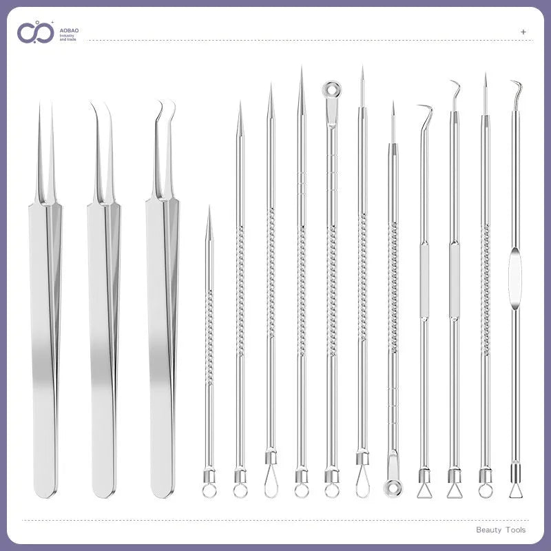 Four silver metal acne needles with ultra-fine pointed tips for blackhead extraction.