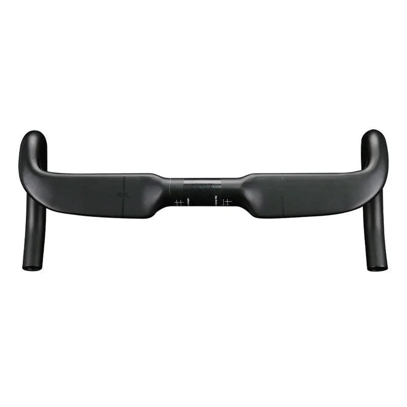 Carbon fibre road bike handlebar in red or black with double line pattern, shown in 400mm 420mm and 440mm widths.