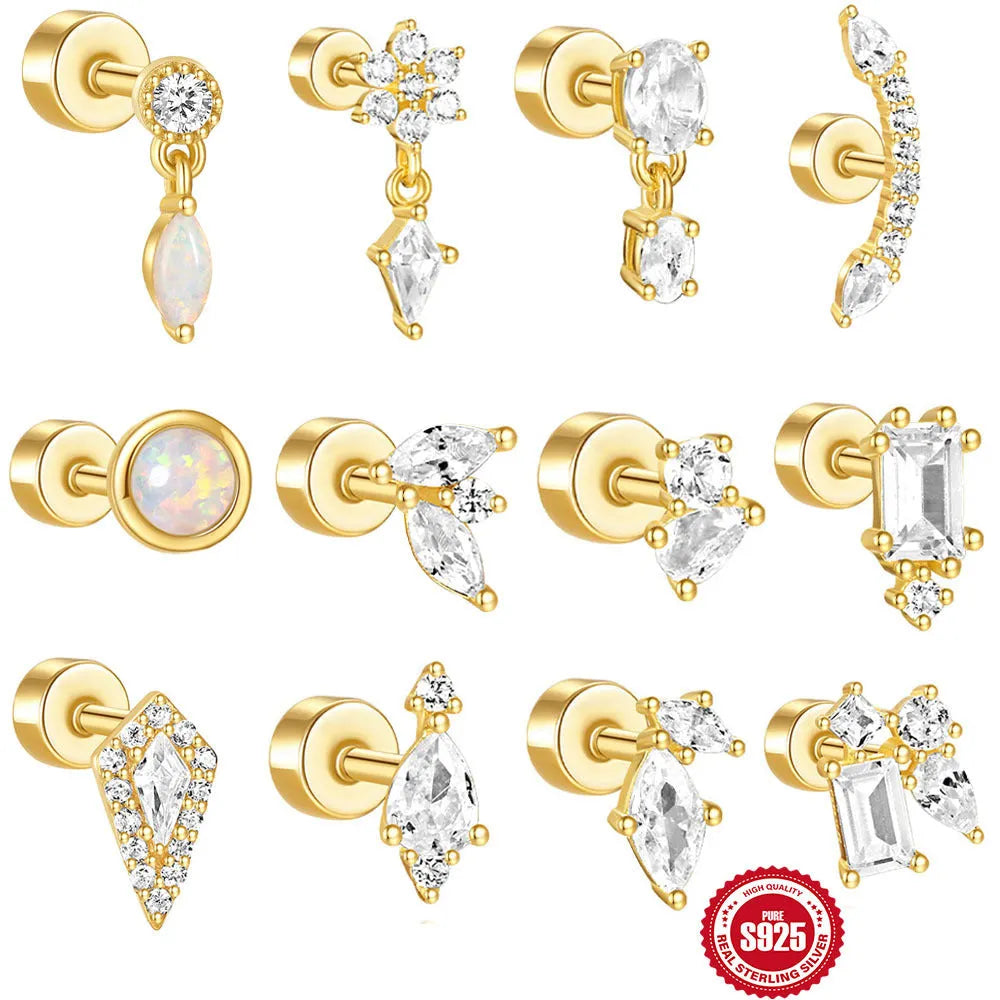 S925 sterling silver flat column geometric ear bone stud with threaded post in a gold colour finish.