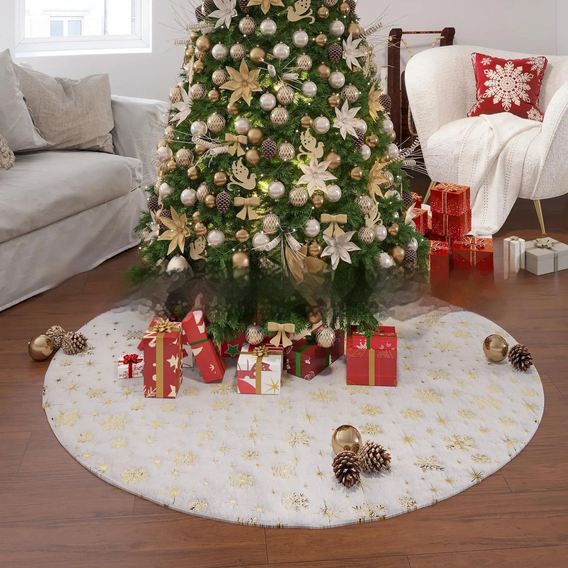 Plush festive mat with snowflake design under a Christmas tree