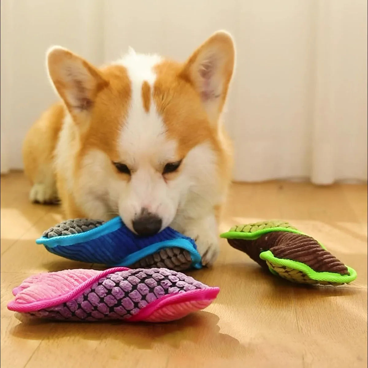 Soft teddy bear dog toy with squeaker and bone accessory in blue, green, and pink colours