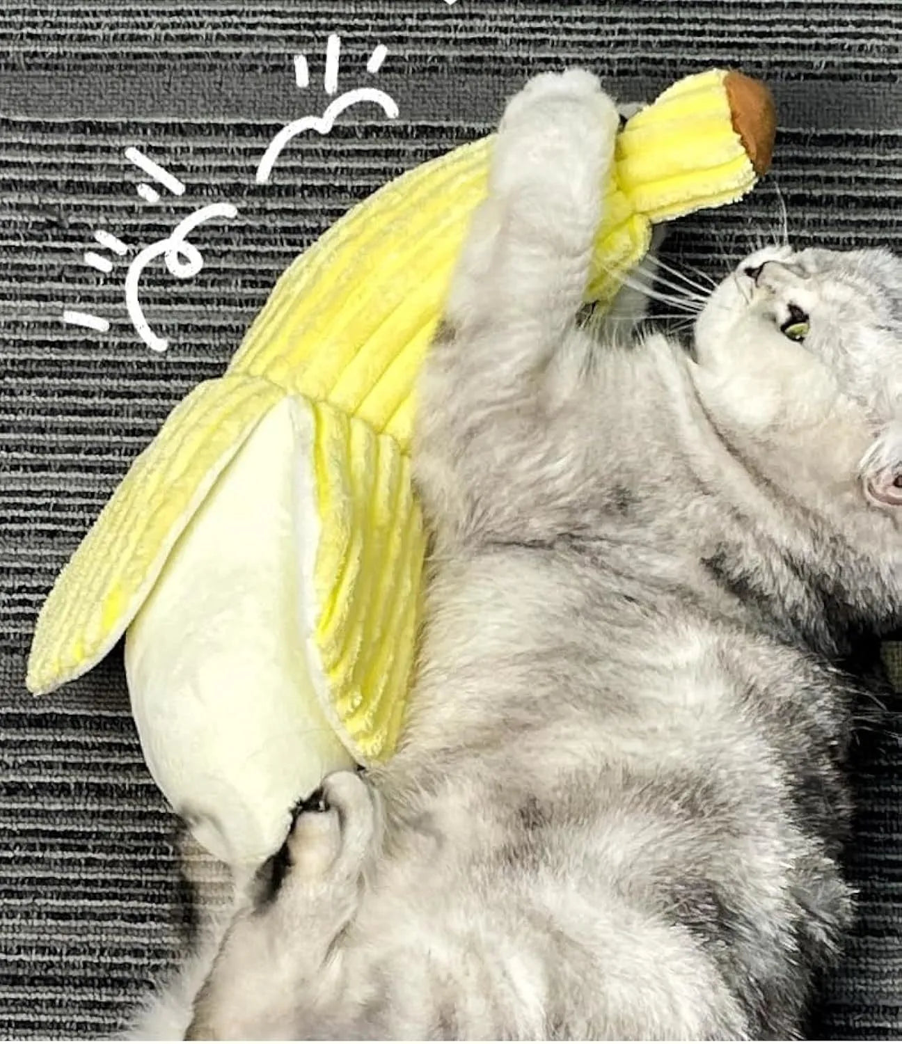 Yellow banana-shaped plush cat toy with crinkle paper and catnip filling.