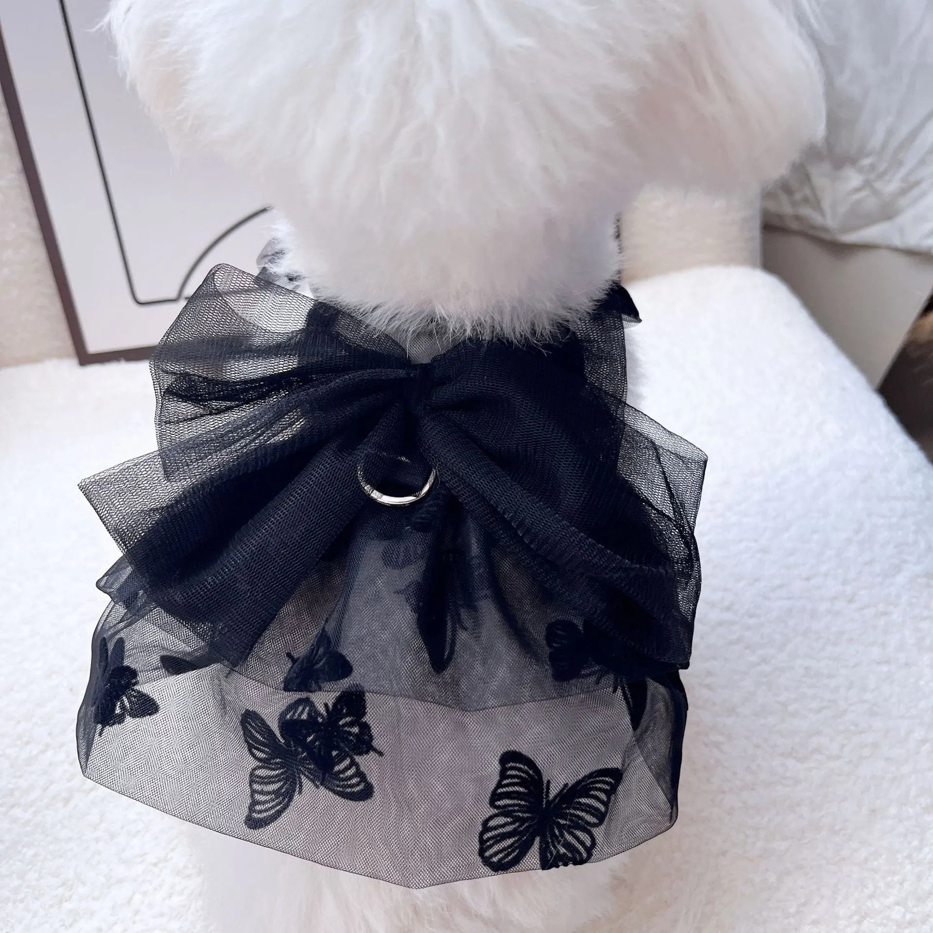 Black princess tulle skirt pet clothing for small dogs and cats showing five size options