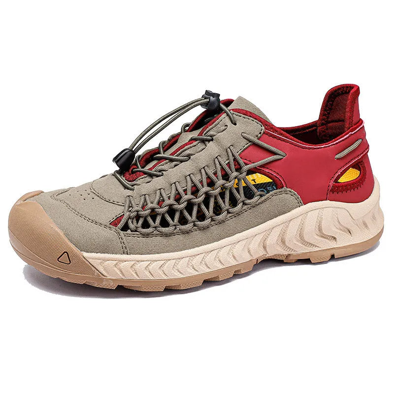 Men's hand-woven closed-toe sandals in light gray with a rubber sole and elastic band.