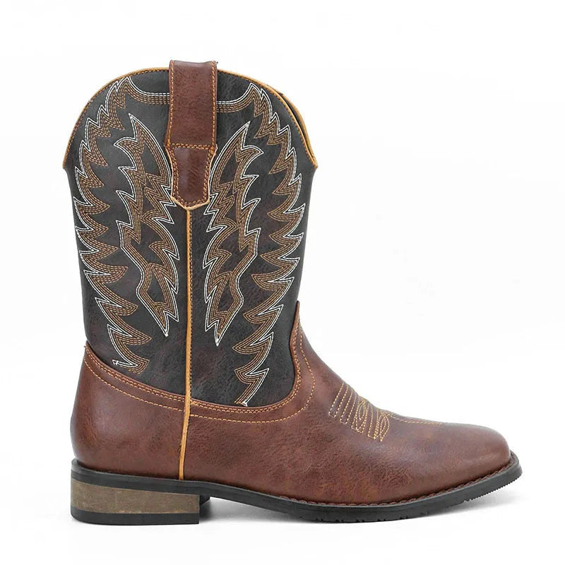 Men's black retro Western-style square toe motorcycle boots with embroidery on a mid-calf shaft.