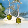 Olive green topaz water drop shaped earrings with retro design and minimalist styling