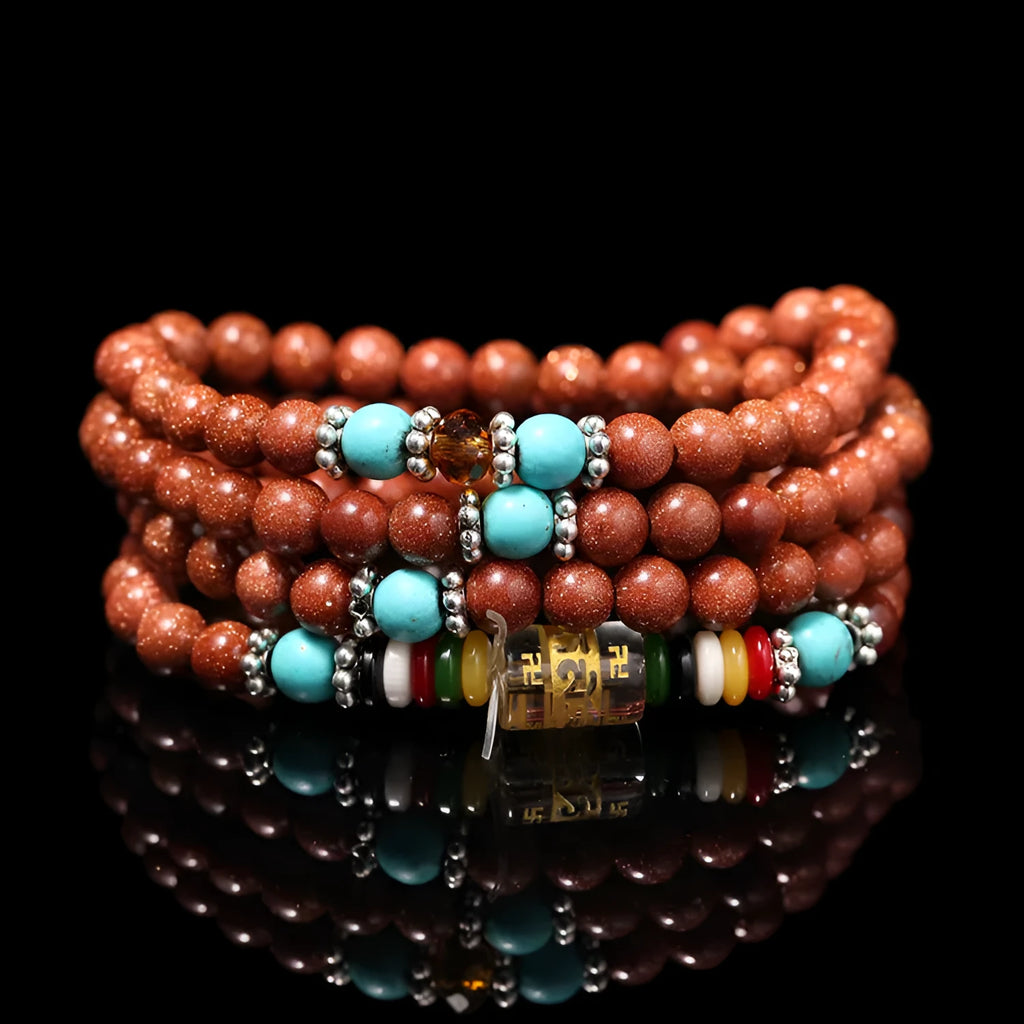 Women's multi-circle bracelet with 108 nugget sand beads, golden star stone accents, and retro fu character charms