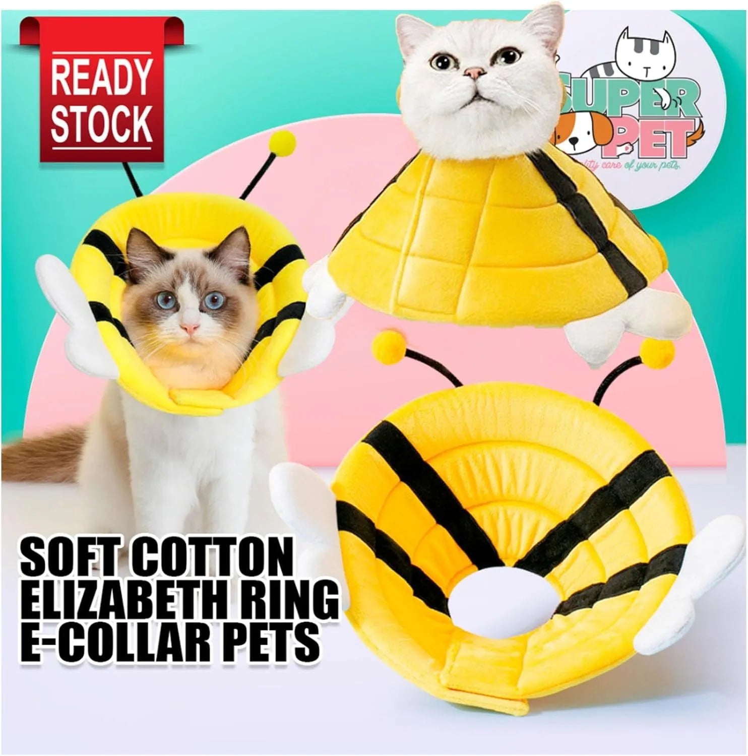 Soft cat recovery cone collar with bee design and velcro strap.