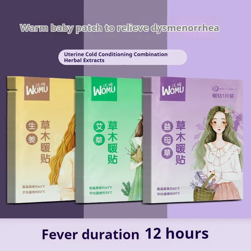 Self-heating uterus warming plaster in argy wormwood, ginger, motherwort, or sea salt variant.