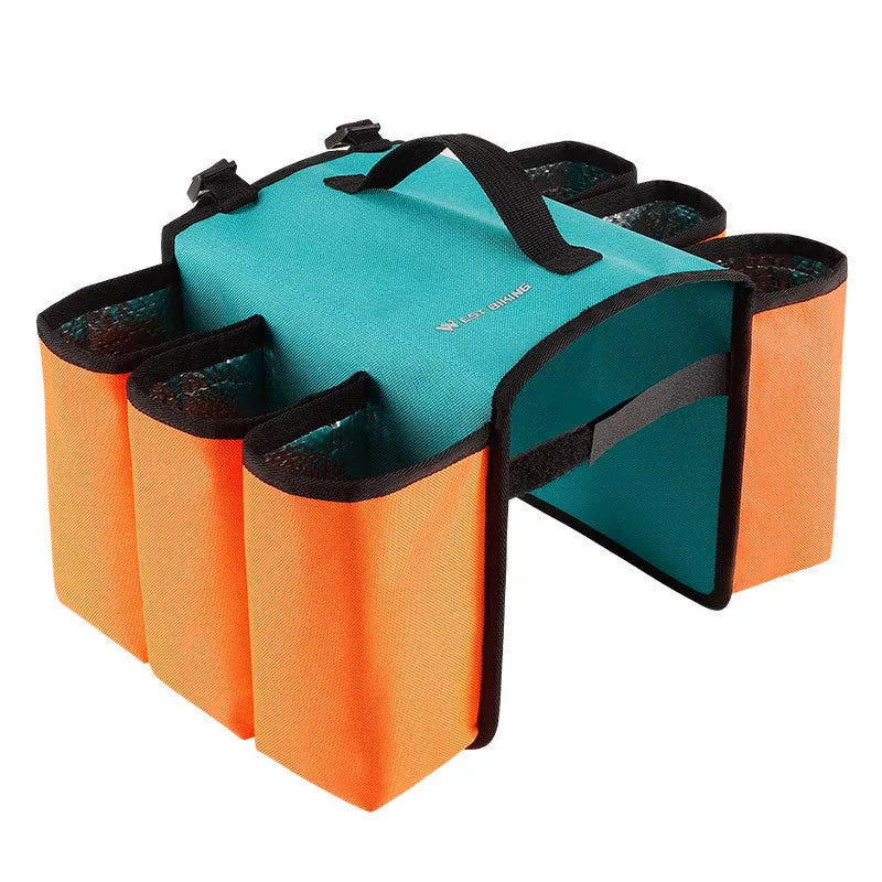 Black and orange double-sided bicycle beverage bag mounted on bike frame with 2L capacity