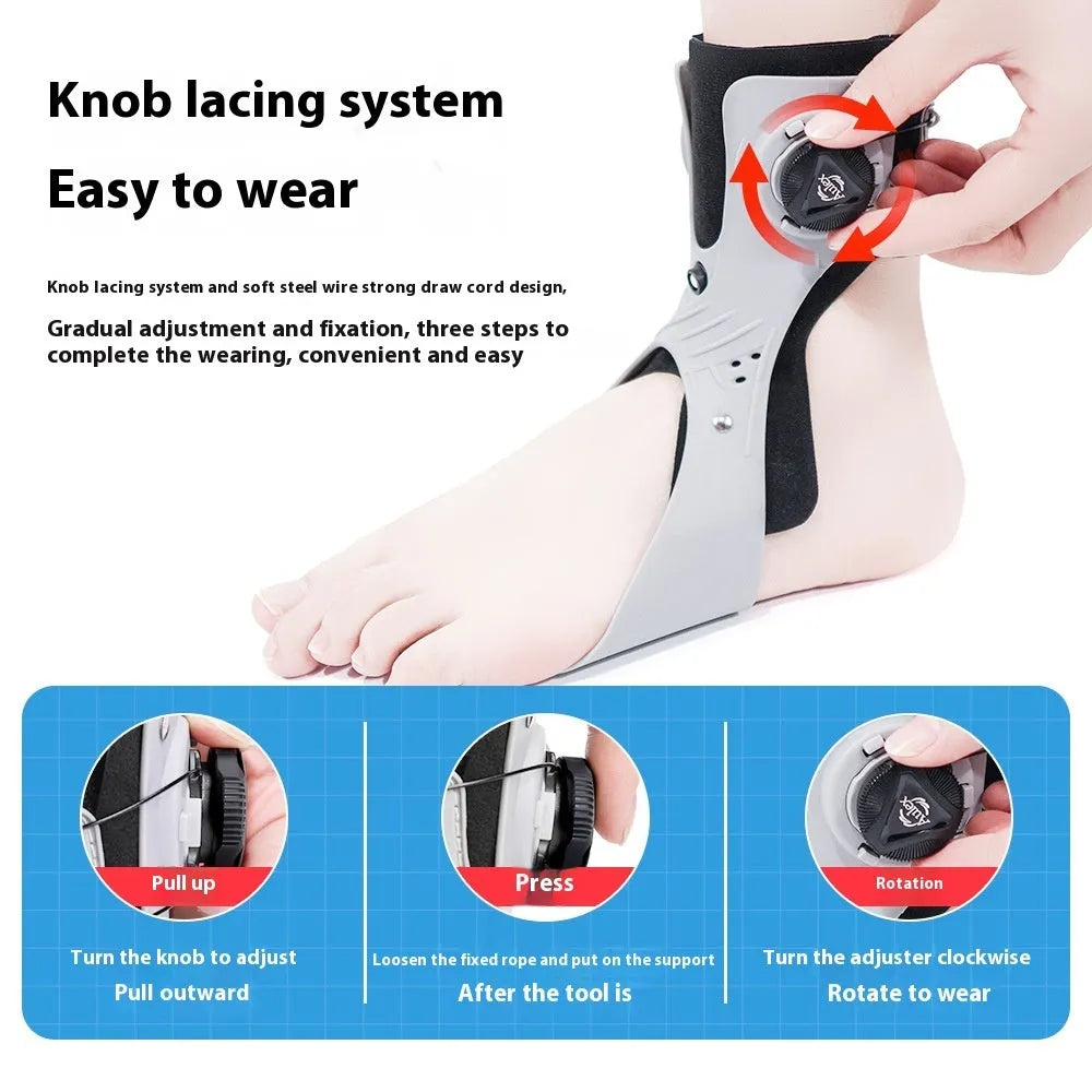 Grey and black ankle fixation brace with an airbag button, shown in separate left and right versions.