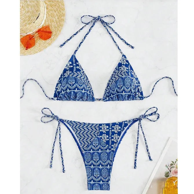 Women's split bikini swimsuit with stitching bandage design in polyester fabric for swimming