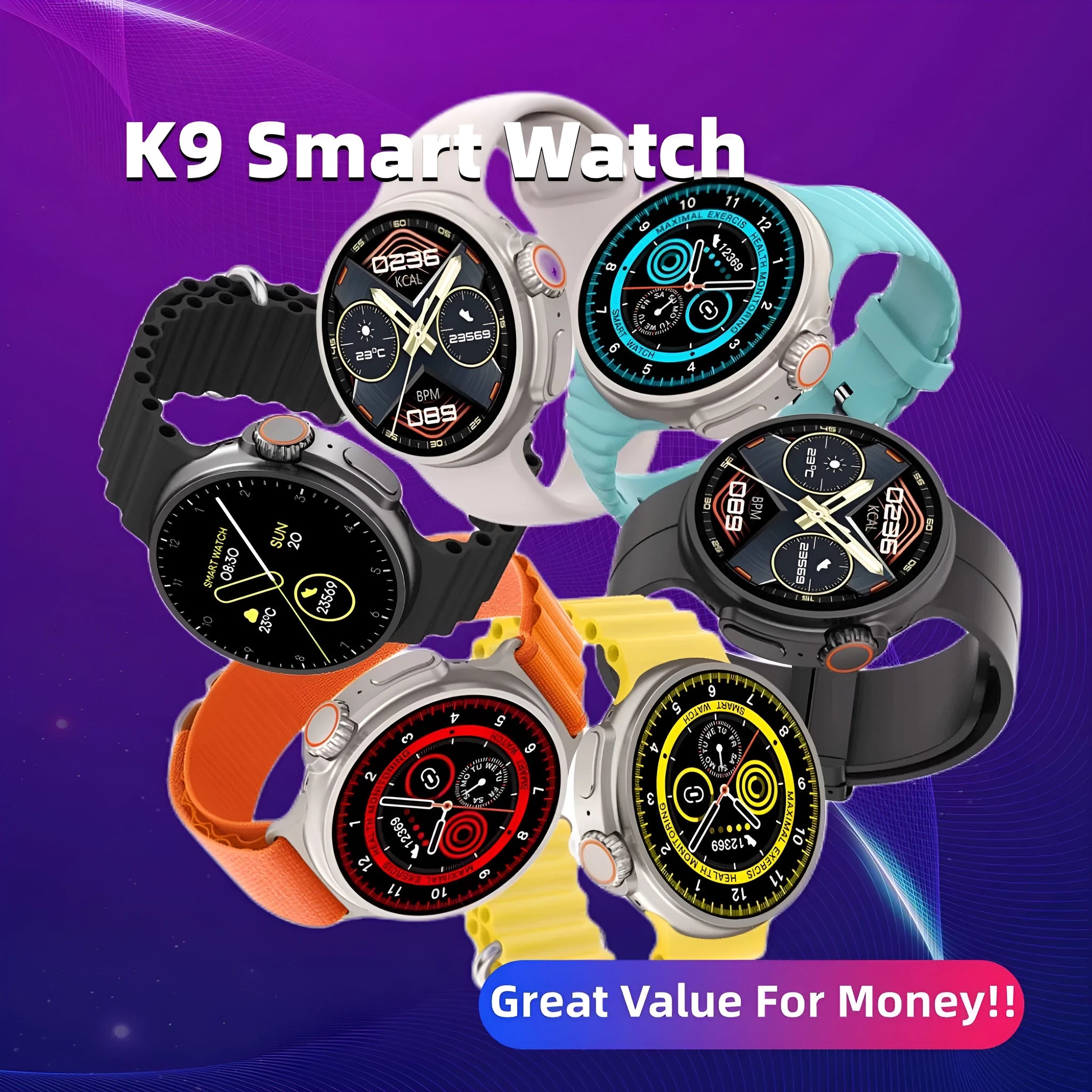 K9 Smart Watch with round screen on silicone strap, shown in black, orange, silver brown, or yellow.