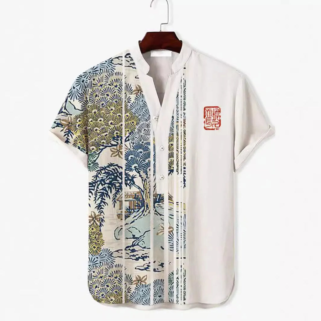 Short sleeve shirt with a vibrant 3D digital animal print pattern on polyester fabric.