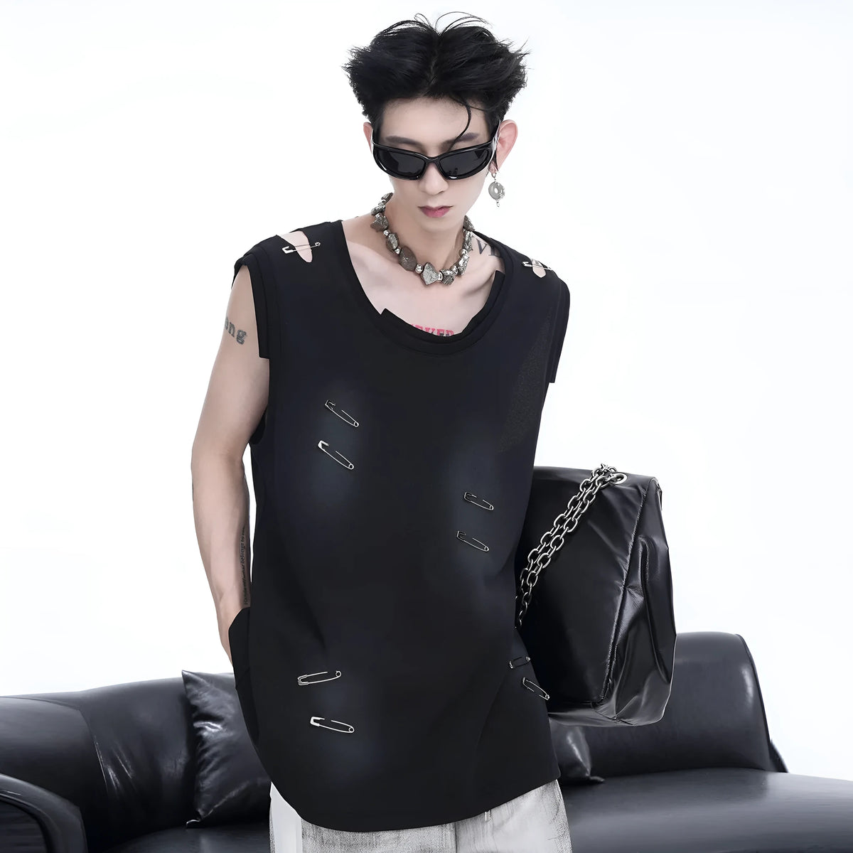Men's black sleeveless t-shirt vest with irregular cutting and ripped detailing, round neck collar