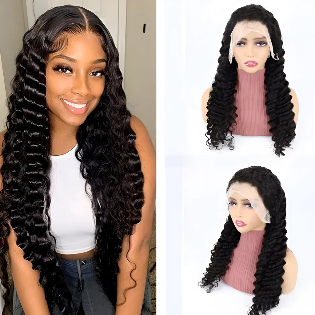 Solid colour human hair wig with half lace front, shown in a long length.